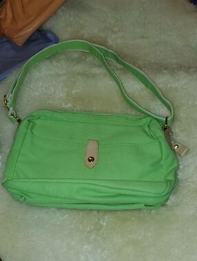 Vintage Amanda Smith Lime Green Canvas Shoulder Bag with Beige Trim